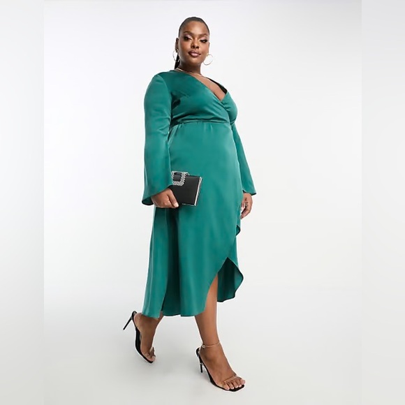 ASOS Curve Teal Satin Wrap Dress - Picture 2 of 6
